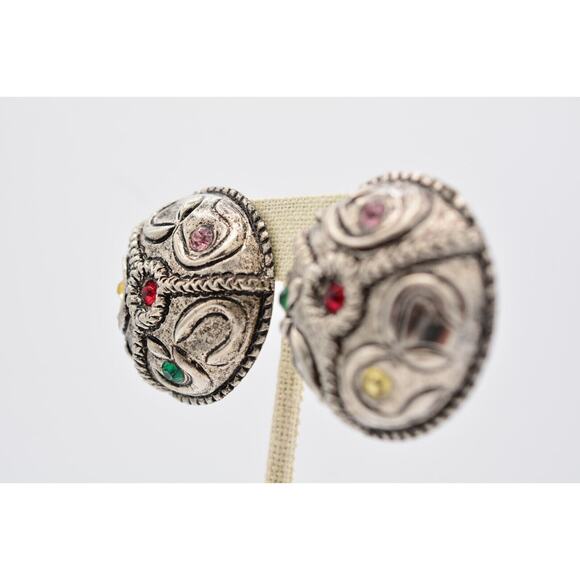 Vintage Chunky Clip On Earrings Crystal Antiqued Round Mod Dep Signed 1980s A21 - Picture 3 of 12